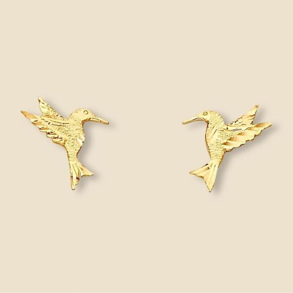14k Yellow solid Gold Hummingbird Stud Earrings (11 X 12mm) | Gift | Real Gold | - Picture 1 of 10